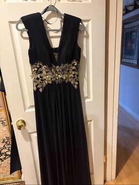 Betsy & Adam Black Maxi Dress with Gold Floral Embroidery